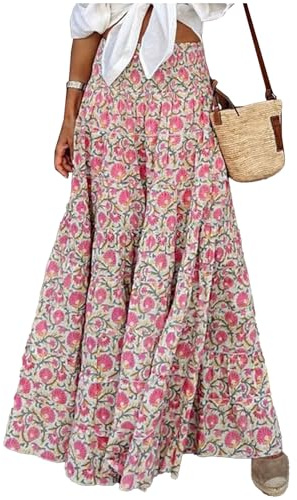 JENJON Donna Gonna Lunga Stampata Casual Alta Vita Elastica Boho Floreale Senza Maniche Gonna Estiva Abiti da Spiaggia A-Rosa L