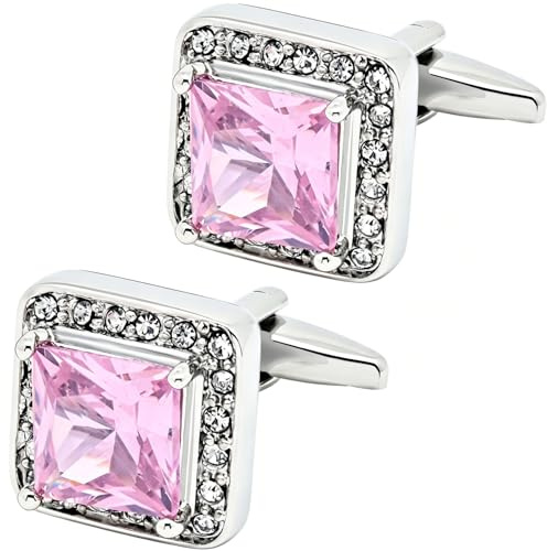 Jonwo Pink Crystal Square Silver Cufflinks for Men Lady In Gift Case Classic Faceted Gemstone Men's Cufflinks Jewelry Set for Wedding Anniversary Business Party Events Tuxedo Dress