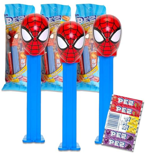 Lot de 4 distributeurs Spiderman PEZ – Lot de 3 distributeurs Pez avec pack de recharge Spiderman Plus PEZ | Distributeur de bonbons Marvel Spiderman PEZ et recharges de bonbons