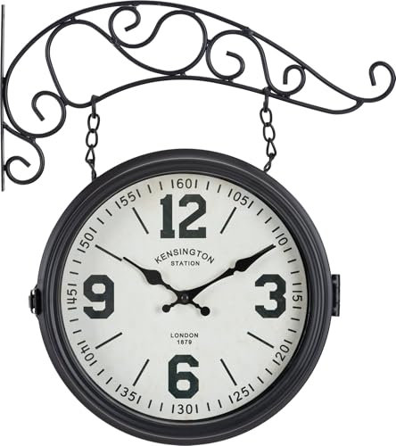 Stagecaptain BHU-4136 BK Vintage Bahnhofsuhr groß mit Wandhalterung - Geeignet für den Innenbereich - doppelseitig - Retro Metallkonstruktion - Durchmesser Ziffernblatt: 25 cm - extra leise - Schwarz