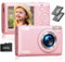 Digital Camera Pink, 4K 64MP Compact Digital Camera, Portable Small Vlogging Cameras with 2.4 Screen 18X Digital Zoom with Rechargeable Battery 32GB Card for Adult Teenagers Kids