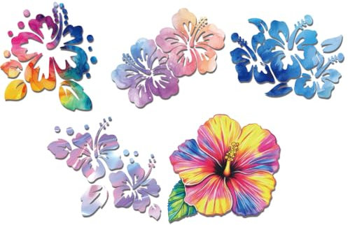 WADORN 5 pièce Fleur D'Hibiscus Autocollant Réfléchissant en Vinyle pour Voiture, Arc en Ciel Floral Hawaïen Imperméables Autocollants pour Vitres de Voiture Camions Boîtes à Outils