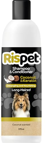 RISPET Shampoo und Spülung, Kokosnuss und Keratin, Reinigungs- und Desinfektionsmittel für Hunde und langhaarige Tiere, Zarte Formel ohne Allergene und ausgeglichener pH-Wert, Kokosnussduft, 370 ml