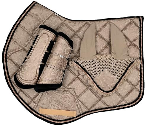 Atmungsaktive Sattelunterlage, Positionierungsbänder mit Klettverschluss, elegante Bordüre aus Englischer Kordel, komplett mit passender Kappe (Beige, Full L)