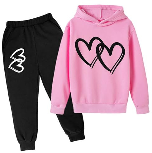 SoLu DAY8 Girls Tracksuit Set Kids Love Long Sleeve Hooded Sweatshirt and Pants Outfits Sets for Girls Fashion Winter Spring Cute School Casual Jogging Athletic Sport Streetwear 3-14 Years (4-5Years)