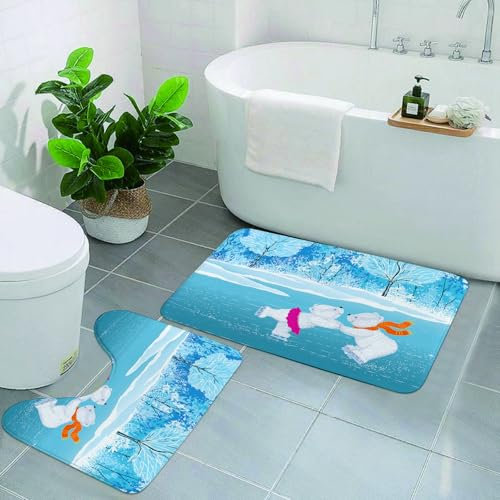 EMCLKS 2 Pieces Bath Mat Set,Machine Washable & Non Slip Bath Mats for Bathroom Set,Soft Superfine fiber Bathroom Rugs Mat,Cartoon, Little polar bears skating on the frozen lake Love Partners Arti