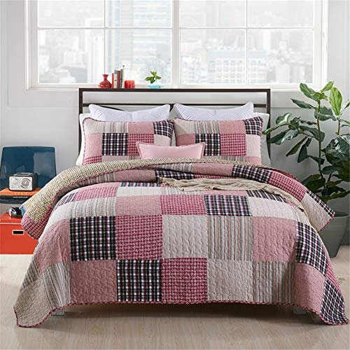 Nytt Quiltat Rosa Beige Patchwork Mjukt Överkast 3 Delar Bomullstäcke Vändbar Filt 135/150 Dubbelsäng 230X250Cm + 2X 50X70Cm
