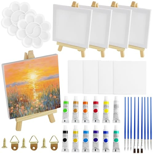Zouboto Mini Canvas and Easel Set, 41 Pcs: 4x4 Inch Primed Canvases, Mini Wooden Easels, Acrylic Paint, Brushes, Palette for Kids Artists