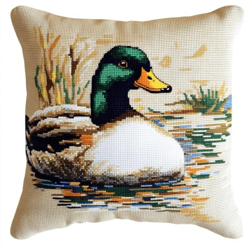 RKFLGEW DIY Kit De Gancho De Pestillo Para Cojín，Pato，Animal，Bricolaje，Kits De Gancho De Pestillo，Almohada，Cojín Impreso，Hilo De Ganchillo，Bordado，Costura，Conjunto De Bordado Artesanal 43x43cm