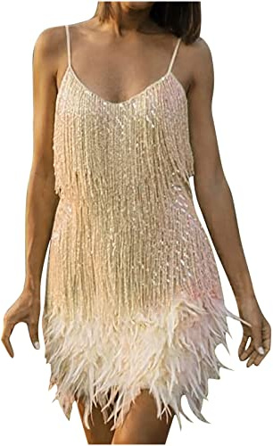 Womens Mini Dress 1920s Flapper Fringe Dress Vintage V Neck Roaring Fancy Sequin Spaghetti Costume Cocktail Dresses Bodycon Party Tassels Ballroom Tango Latin Dance Dresses for Wedding Evening