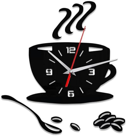 yufana 3D Wall Sticker Clocks, DIY Wall Clock Modern Clock, 3D Mirror Sticker Clock Wall Sticker, Large Wall Clock DIY, Suitable for Living Room, Kitchen, Bedroom, Office, Coffee Cup (Black)