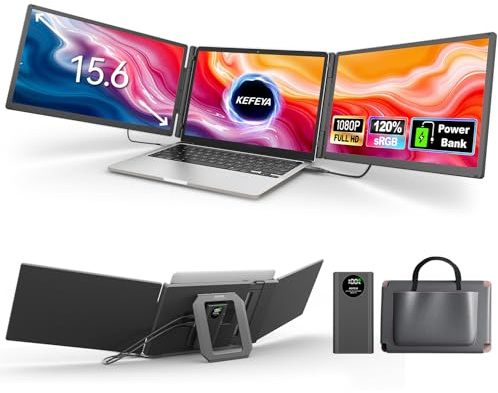 KEFEYA 15.6 Laptop Screen Extender with Power Bank, FHD 1080P IPS Triple Laptop Monitor Extender for 13-17 Laptops, Plug & Play with HDMI/USB-A/TYPE-C/Hub, Compatible with Windows, Mac, Android