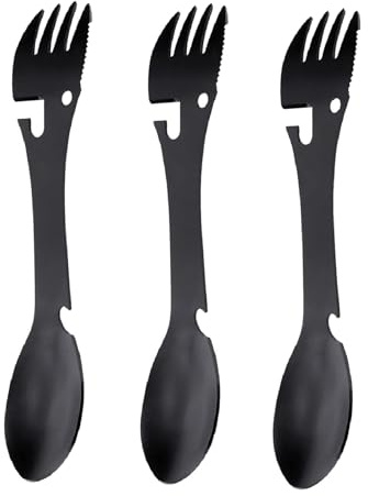 3pcs Premium Spork Reusable Travel Cutlery Set, Black, Portable Camping Multi-Tool Utensil with Bottle Can Opener