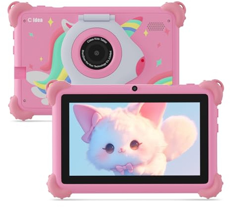 C idea 7-inch Tablet for Kids, Android 13 Toddler Tablet, 4GB RAM+32GB ROM+512GB Expandable, 1024x600 IPS, WiFi, Bluetooth, Parental Controls, Pre-installed iWawa, with Adjustable Stand (Pink)