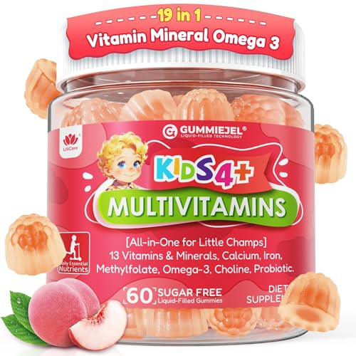 Kids Multivitamin Gummies + Iron, Omega 3, Probiotic, Fiber, Vitamins A C D3 E, K2, Methylfolate, Calcium, Choline, Kids Vitamins Multivitamin for Growth, Immune, Bone, Brain, Focus, No Sugar, 60 Cts