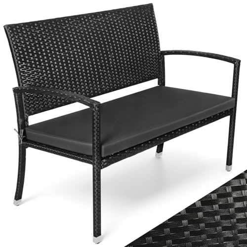 Monucep Panca da giardino resistente alle intemperie con cuscino, in rattan sintetico, 2 posti, 112 x 58 x 90 cm, portata fino a 227 kg, panca con schienale e braccioli, colore nero