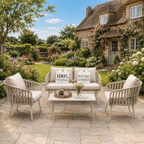 Olsen & Smith Hampton 4 Seater 5-Piece Rattan Garden Sofa Set, Cream | 2-Seat Sofa, 2 Armchairs & Table, Rust-Resistant Aluminium Frame, Waterproof Cushions, Outdoor Patio Furniture, Cream