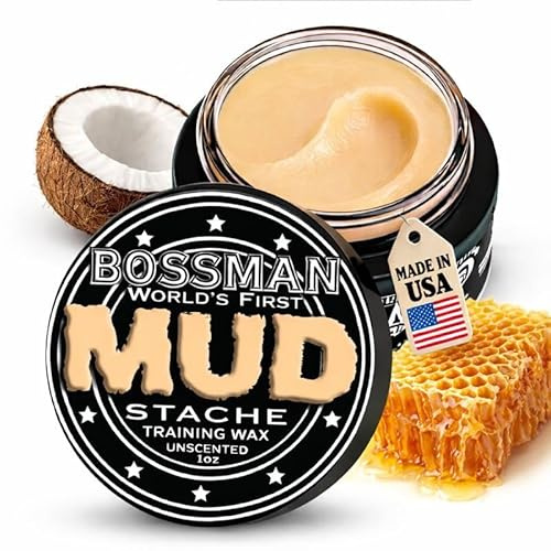 Bossman MUDstache Unscented Mustache Wax for Men (1 oz) – Strong 24-Hour Hold, Non-Tacky & Easy to Apply for Taming & Styling