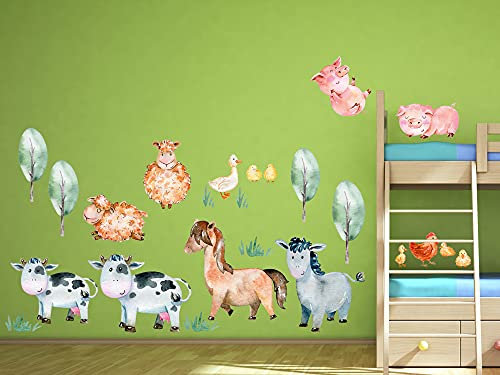 GRAZDesign Wandtattoo Kinderzimmer Tiere Bauernhof Schwein, Schaf, Kuh, Pferd Bäume | Wandsticker Babyzimmer | Wand Deko zum Aufkleben | selbstklebend 100x57cm