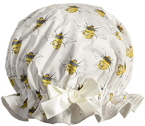 Dilly Daydream Bee Shower Cap - Cotton Print - Waterproof Lining - British Made - Adjustable - No Exposed Elastic