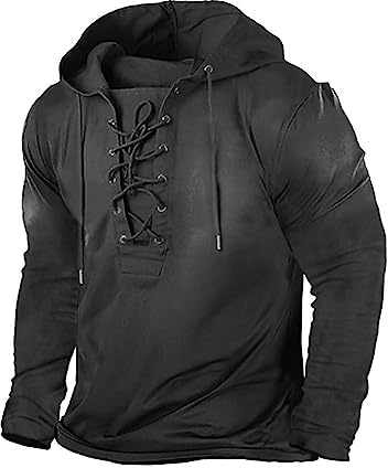 Beotyshow Herren Vintage Hoodie Langarm Shirt Männer Lace Up Hooded Langarmhemd Distressed Casual Outdoor Taktisch Pullover Hemd mit Kapuze 1-Schwarz S