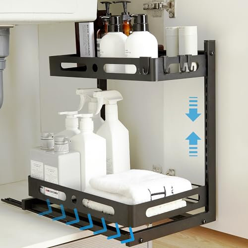 YunNasi Organizador Bajo Fregadero Deslizable de 2 Niveles con 5 Ganchos Altura Ajustable Estante de Especias Acero Inoxidable Estante para Cocina Baño (Negro)