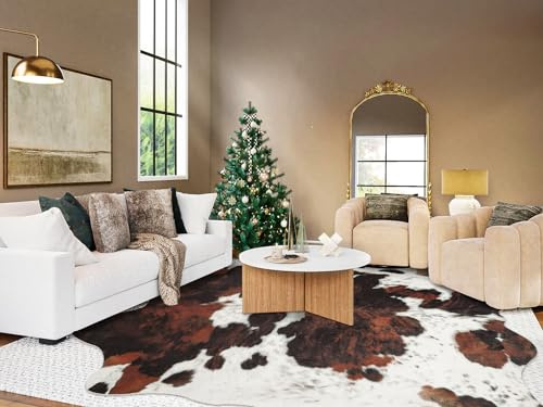 Guyi Rare Alfombra grande de cuero vacuno de 10 x 8 pies, alfombra rústica y elegante occidental para dormitorio, sala de estar, comedor, alfombras marrones con estampado de vaca, alfombras