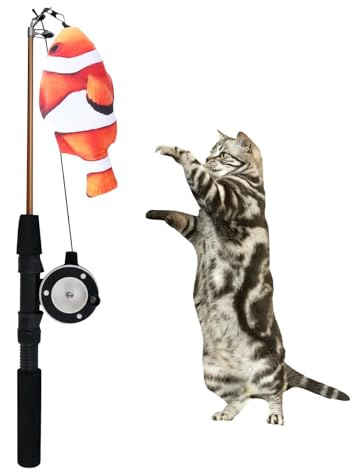Indragbar kattpinne, extra lång fisk och fjäder dekorativ kattfiskespö form teaser kattpinne, interaktiva leksaker är utbytbara, justerbar linjelängd. (Clownfisk)