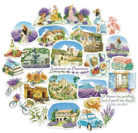 Navy Peony Autocollants de Voyage Été en Provence (28 pcs) – Aquarelle, France, Décorations Vacances sur le Thème de la Lavande pour Scrapbooks, Bouteille d’Eau, Bagages