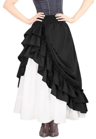 EMOTTOS Gonna Medievale Donna con 2 in 1 Design, Halloween Vittoriana Linea ad A Gonne con Tasche, Lunga Vintage a Vita Alta con Volant e Doppio Strato, Nero XL