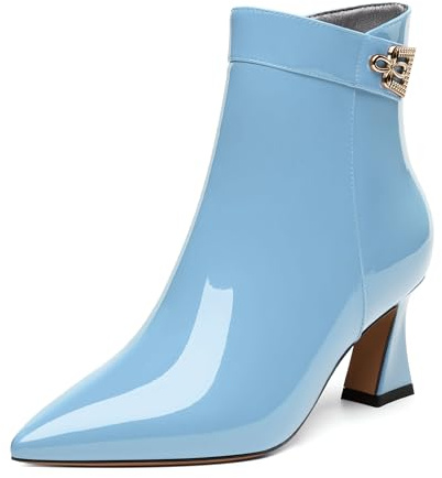 CDXJHYMY Women's ankle boots, mid heeled pointed fashion sexy boots, 2.5-inch slim high heels Light Blue Patent Size 9
