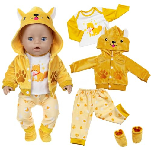 4 Stück Puppenkleidung für 36-43 cm Newborn Baby Puppen, Gelbe Welpen Kleidung Enthalten 1 Jacke mit Kapuze 1 T-Shirt 1 Hose 1 Paar Socken, 14-17 Zoll Baby Puppen Kleidung Geschenk für Kinder