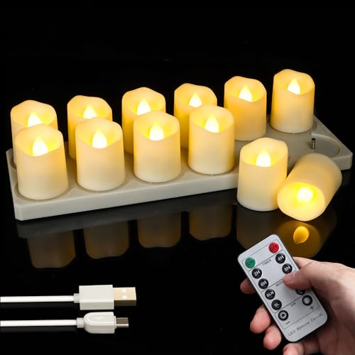 FREEPOWER Set di 12 lumini a LED ricaricabili con stazione di ricarica, cavo USB e telecomando – Funzione timer, tremolante in bianco caldo, Ø4x4,5cm