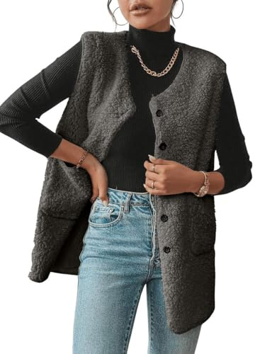 Joligiao Gilet Donna Inverno Morbido Gilet Pile Senza Maniche Smanicato Elegante Invernale Gilet Termico con Bottoni Autunno Inverno Caldo Giacca Teddy Scollo a V Waistcoat con Tasche