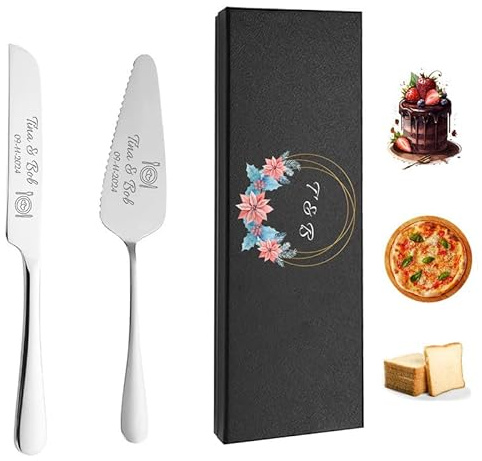toyofmine Juego de corte de tartas para boda juego de cuchillo y servidor de pastel juego de servir pasteles personalizado cortador de pizza grabado de aniversario de cumpleaños