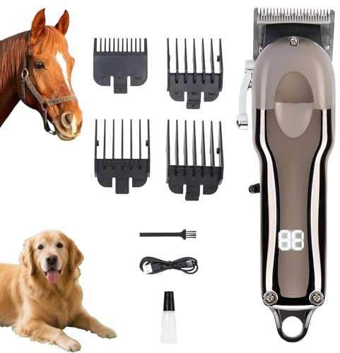 VINGVO Cordless Horse Clippers, Rechargeable Livestock Clippers with Low Noise, 180min Runtime & 4 Guards for Horse Dog Grooming Thick Hair
