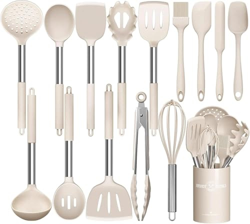 Juego de utensilios de cocina, 15 piezas, silicona, antiadherente, resistente al calor, utensilios de cocina con soporte para utensilios, mango de acero inoxidable, apto para lavavajillas (caqui)