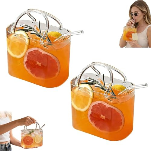 Purse Drinking Glass,Glass Purse for Drinks,Creative Cute Handbag Shaped Cocktail Glass Cups for Fruit Juice, Tea, Flowers,Handbag Vases for Room Decor (A-2PC)