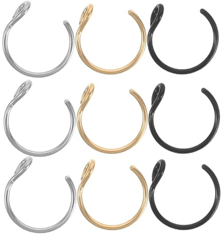SOESFOUFU 9 piezas de aros falsos para el tabique nasal con clip | Aro de nariz de acero inoxidable dorado, negro y plateado | Joyería corporal sintética sin perforación para unisex de 8 mm