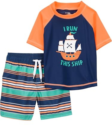 Simple Joys by Carter's Conjunto de bañador y camiseta Niño Pequeño, Azul Marino Naranja Naves/Blanco Rayas, 2 años