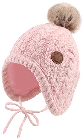 XIAOHAWANG Cappello Invernale per Neonati con Fodera in Velluto per Bambini Beanie per Bambini Earflap Caldi Cappelli per Bambino per Ragazze con Pompon (Rosa, 6-18 Mesi)