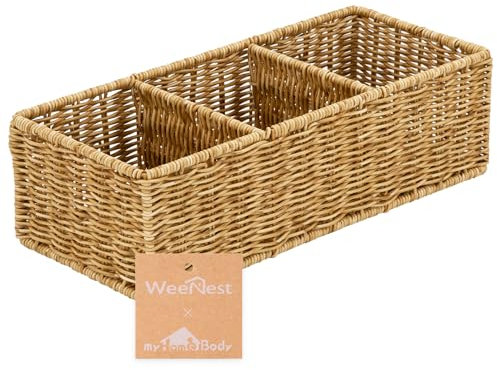 myHomeBody Wicker Basket With 3 Compartments, For Toilet Tank Paper Rolls, Hand Woven Bathroom Countertop Organizer, Bedroom Organization, 1pc, Tan