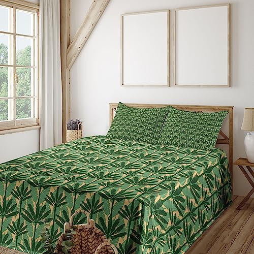Ambesonne Banana Leaf Sheet Set, Overlapping Windmill Palm Trees and Leaves Pattern, Fitted and Flat Sheet with Pillowcases Bedding Accent 4 Piece Set, Full, Pale Yellow Jade Green