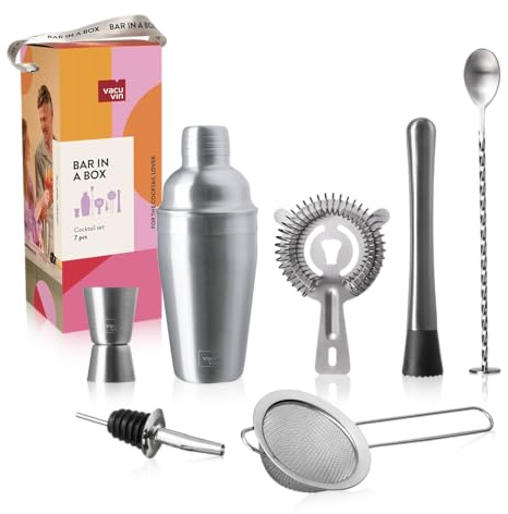 Vacu Vin Cocktail Set Plus – 7-Piece Bartender Kit with Stainless Steel Tools – Includes Shaker, Jigger, Muddler, Strainer, Pourer, Sieve, and Bar Spoon – Dishwasher Safe Home Bar Set