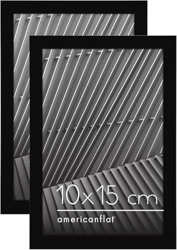 Americanflat Bilderrahmen 10x15 cm in Schwarz - Dünner Rahmen mit Bruchsicheres Glas, Integrierter Ständer, Aufhängung für Wand und Tischplatte - 2er Set