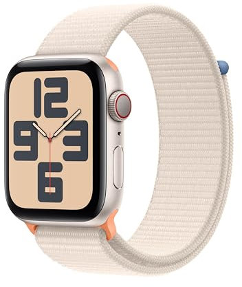 Apple Watch SE (2. Generation, 2023) (GPS + Cellular, 44 mm) Smartwatch mit Aluminiumgehäuse und Sport Loop Armband in Polarstern. Fitness- und Schlaftracker, Herzfrequenzmesser, CO₂ neutral