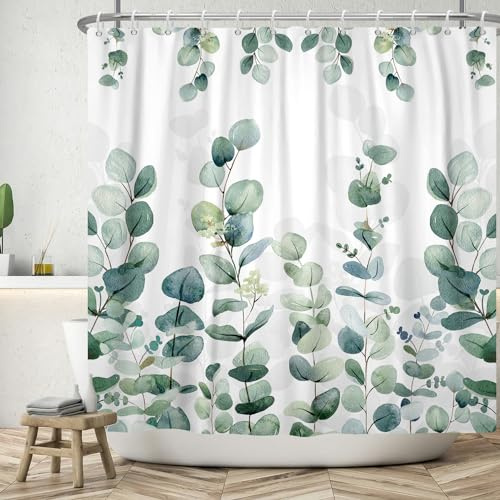 ASDCXZ Blätter Duschvorhang 180x180 cm, Frühling Handgemalt Einfachheit Grün Eukalyptusblätter Weiß Bad Waschbar Duschvorhänge Polyester Textil Wasserdicht Badevorhang für Badewanne mit 12 Haken