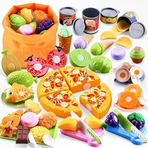 DawnReach Pretend Play Food Sets for Children Kitchen,66PCS Play Kitchen Accessories Toy Food With Non-BPA Plastic Food,Pizza,Ice Cream Toys for Kids,Role Play Toys for Boys Girls 3 4 5 Years Old