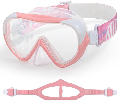 EXP VISION Kids Swim Mask - 180° Anti-Fog Child Snorkeling Diving Mask, Leak-Proof Kids Swim Goggles Nose Cover with Fabric Strap for Boys & Girls Ages 4-14, Shatter-Resistant PC Lens (Pink)