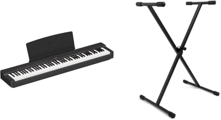 Yamaha P-225 Digital Piano with 88 Graded Hammer Compact Keys and 24 Instrumental Voices & TIGER KYS77-BK X-Frame Keyboard Stand - Height Adjustable Single Braced for Keyboards